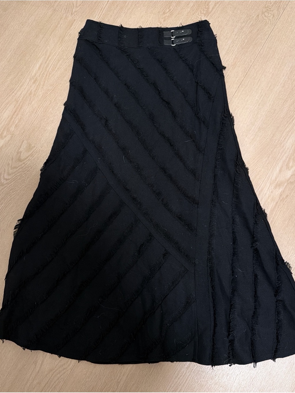 Tribal Black A-Line Skirt with Diagonal Fringe Panels